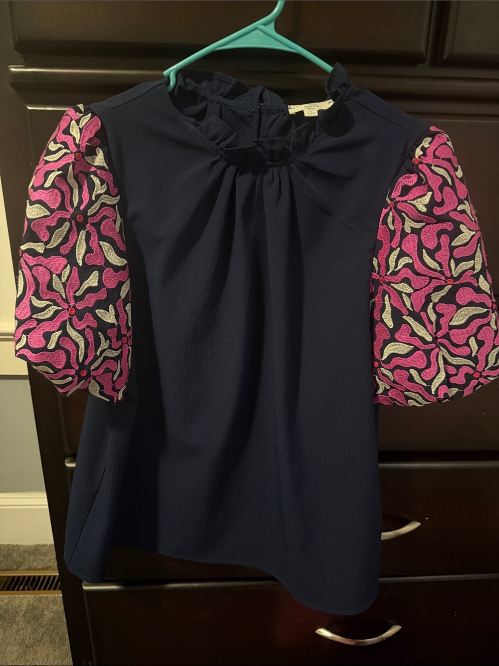 entro Navy Blouse with Pink Patterned Puff Sleeves